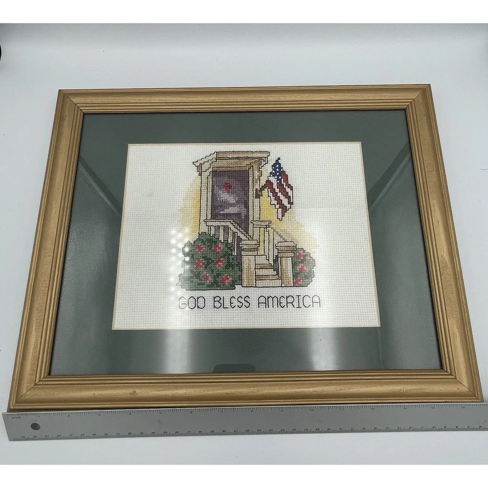 Vtg. Framed Patriotic Cross Stitch 12.75
